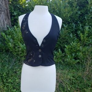 Y2K Fang Black Pinstripe Tuxedo Vest Gold Leaf Medium Steampunk Goth